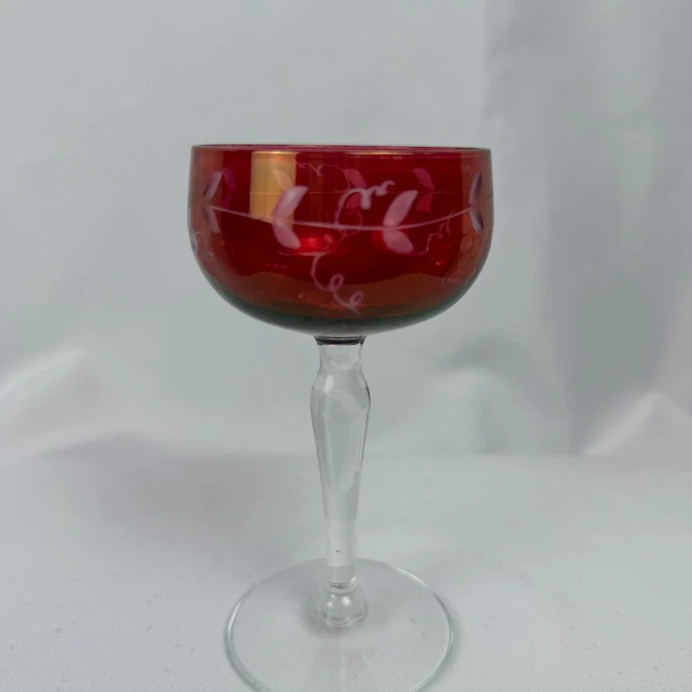 Vintage Cranberry Glass Cordial Set 6 Red Etched Grape Vine Clear Stem Barware